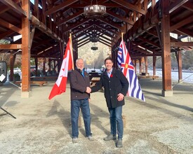 Councillor Ted Craddock and MP Patrick Weiler announce the Natural Resources Canada investment into the two new EV chargers for Pemberton.